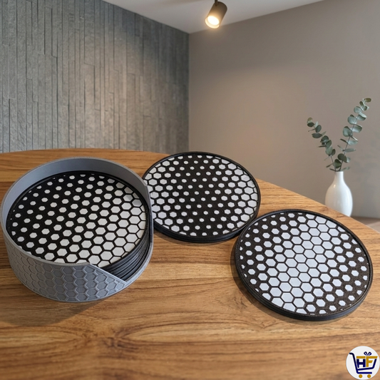 "Hexa-Grid" 4" 3D-Printed Coaster Set | Modern Geometric Honeycomb Decor