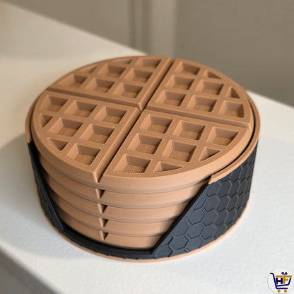 The Waffle Stack | 4" 3D-Printed Coaster Set with Honeycomb Holder