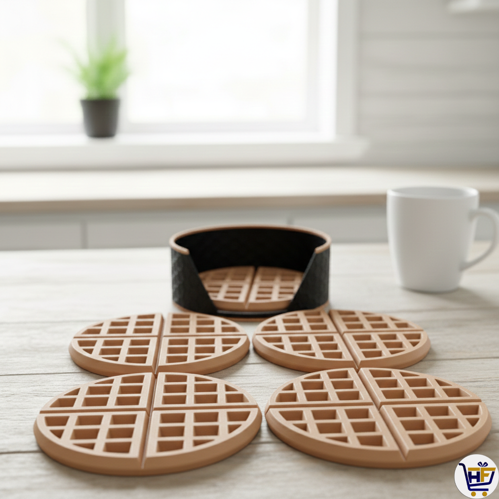 The Waffle Stack | 4" 3D-Printed Coaster Set with Honeycomb Holder