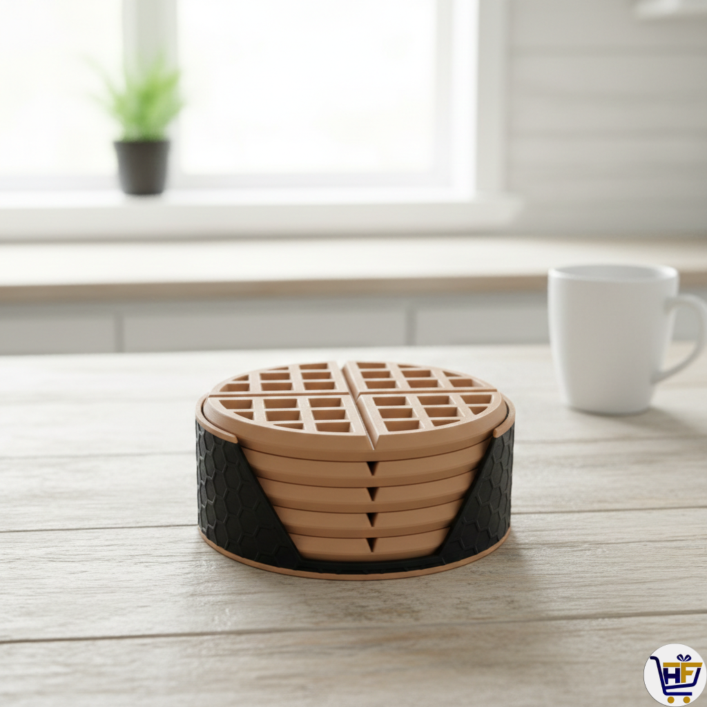The Waffle Stack | 4" 3D-Printed Coaster Set with Honeycomb Holder