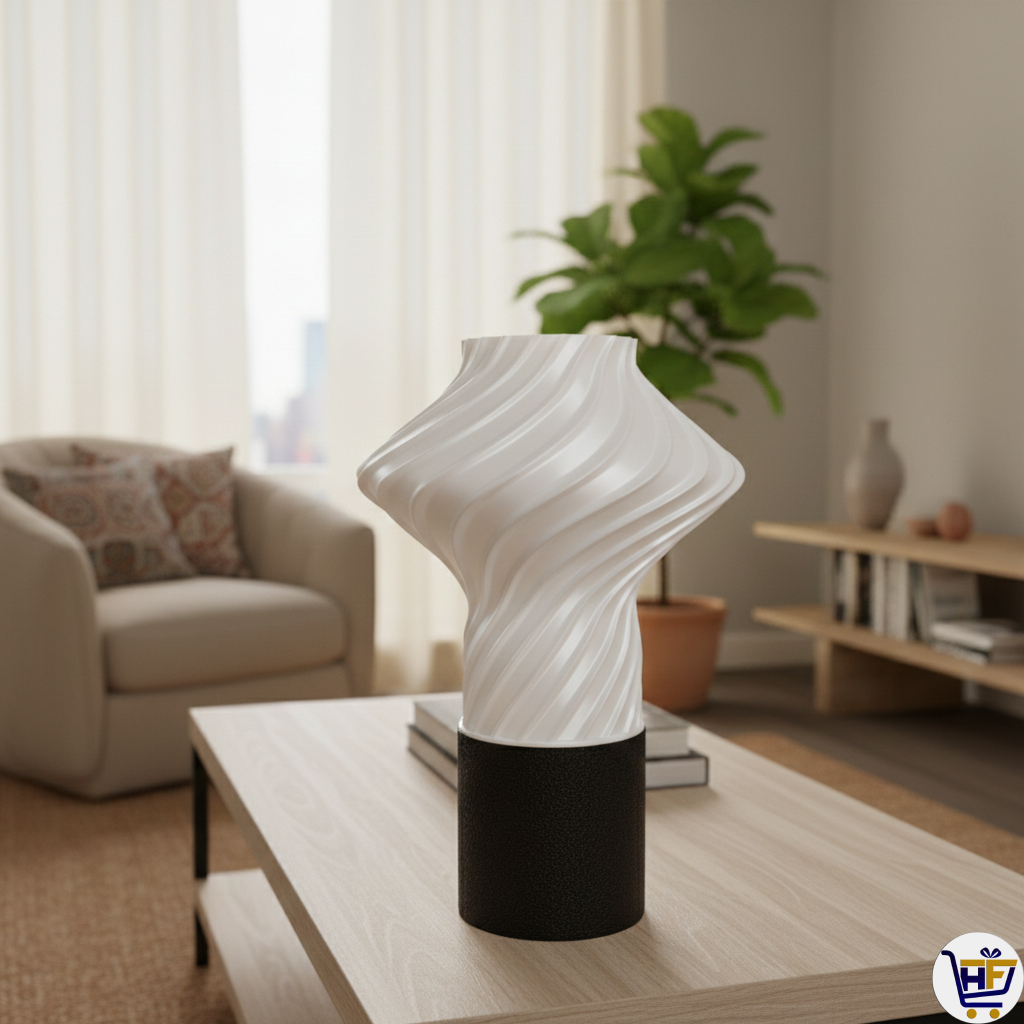"Aura Swirl" 12" 3D-Printed Lamp – Sculptural Spiral Ribbed Ambient Light
