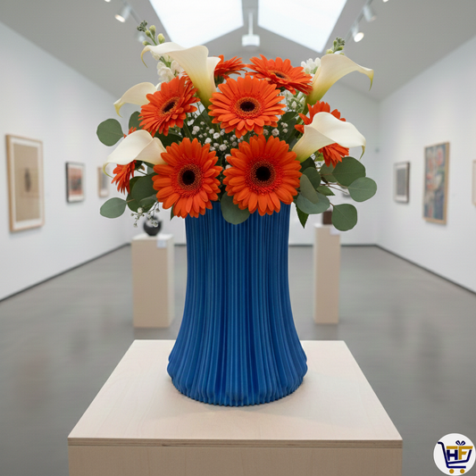 "Plissé" 6" 3D-Printed Fluted Vase – Modern Ribbed Vessel in Marine Blue & Rosewood