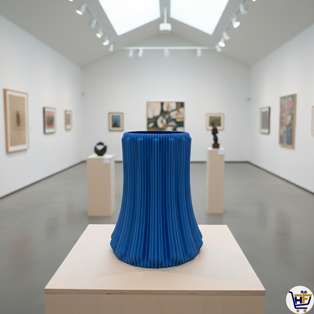 "Plissé" 6" 3D-Printed Fluted Vase – Modern Ribbed Vessel in Marine Blue & Rosewood