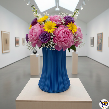 "Plissé" 6" 3D-Printed Fluted Vase – Modern Ribbed Vessel in Marine Blue & Rosewood