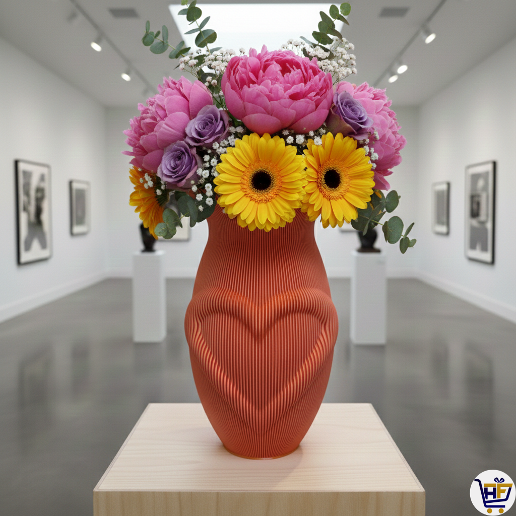 "Gilded Heart" 7" 3D-Printed Silk Vase – Radiant Color-Shift Ribbed Vessel