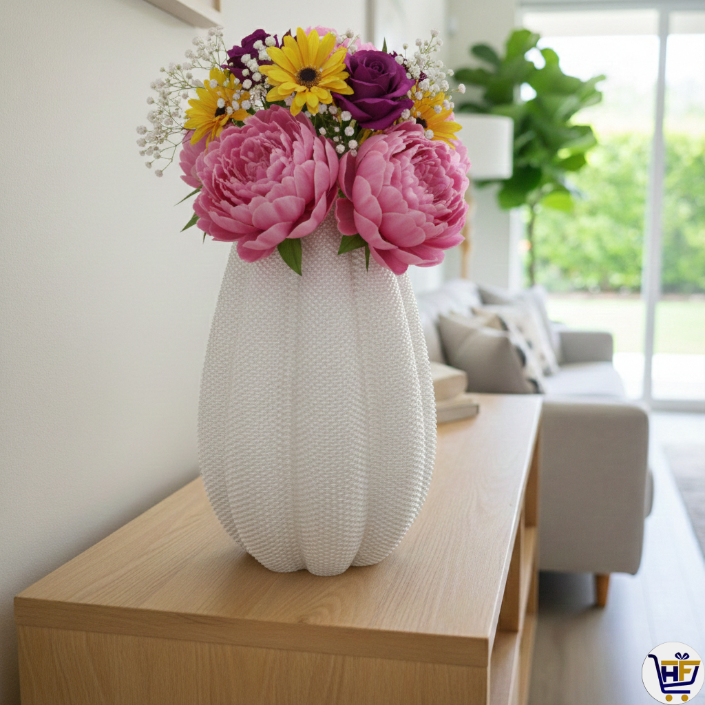 "Nebula Pleat" 9" 3D-Printed Vase – Textured Architectural Vessel in Galaxy & Silk