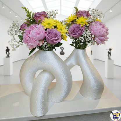 The Unity Knot | 8 inch Double-Opening Vase – Shimmering Silk White Abstract Vessel