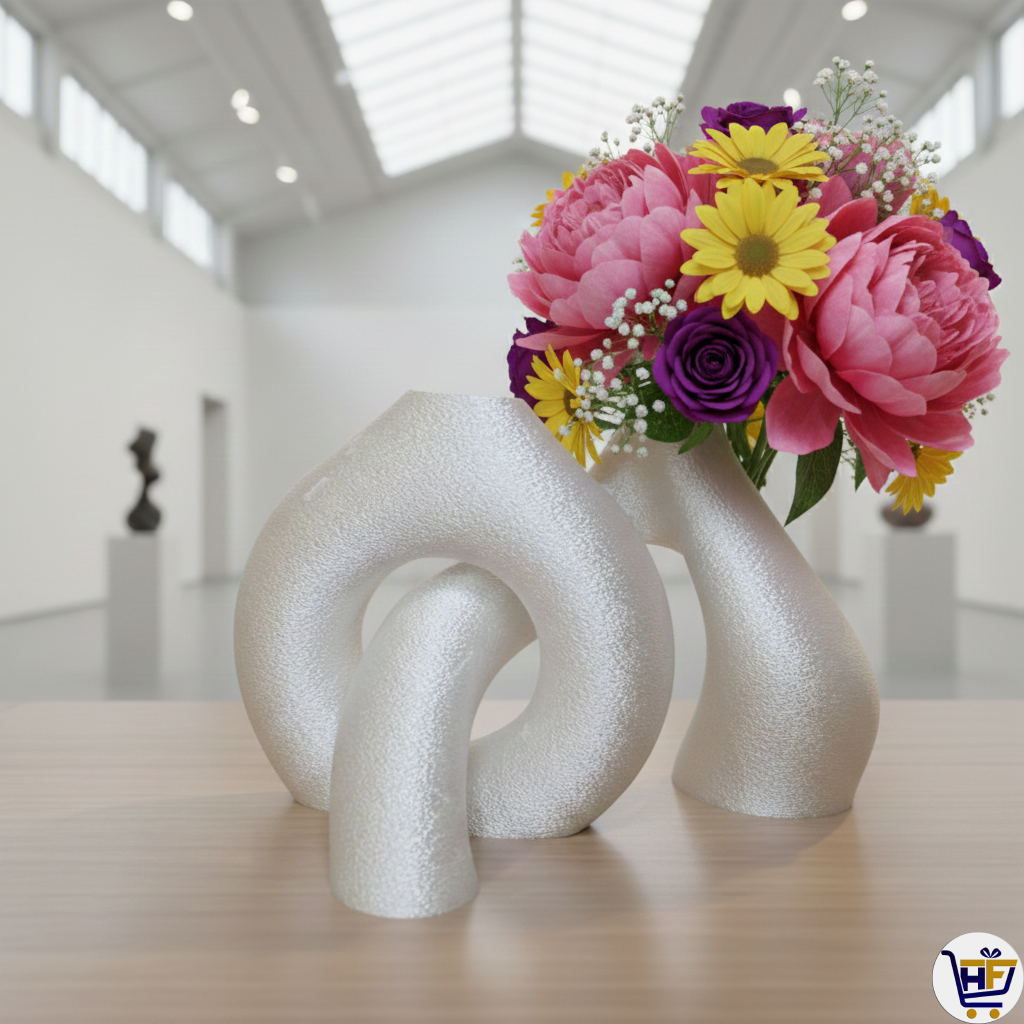 The Unity Knot | 8 inch Double-Opening Vase – Shimmering Silk White Abstract Vessel