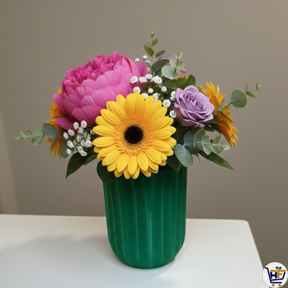 "Wildwood" 6" 3D-Printed Textured Vase – Ribbed Botanical Vessel in Bambu Green & HF Blue