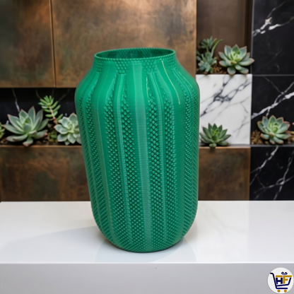"Wildwood" 6" 3D-Printed Textured Vase – Ribbed Botanical Vessel in Bambu Green & HF Blue